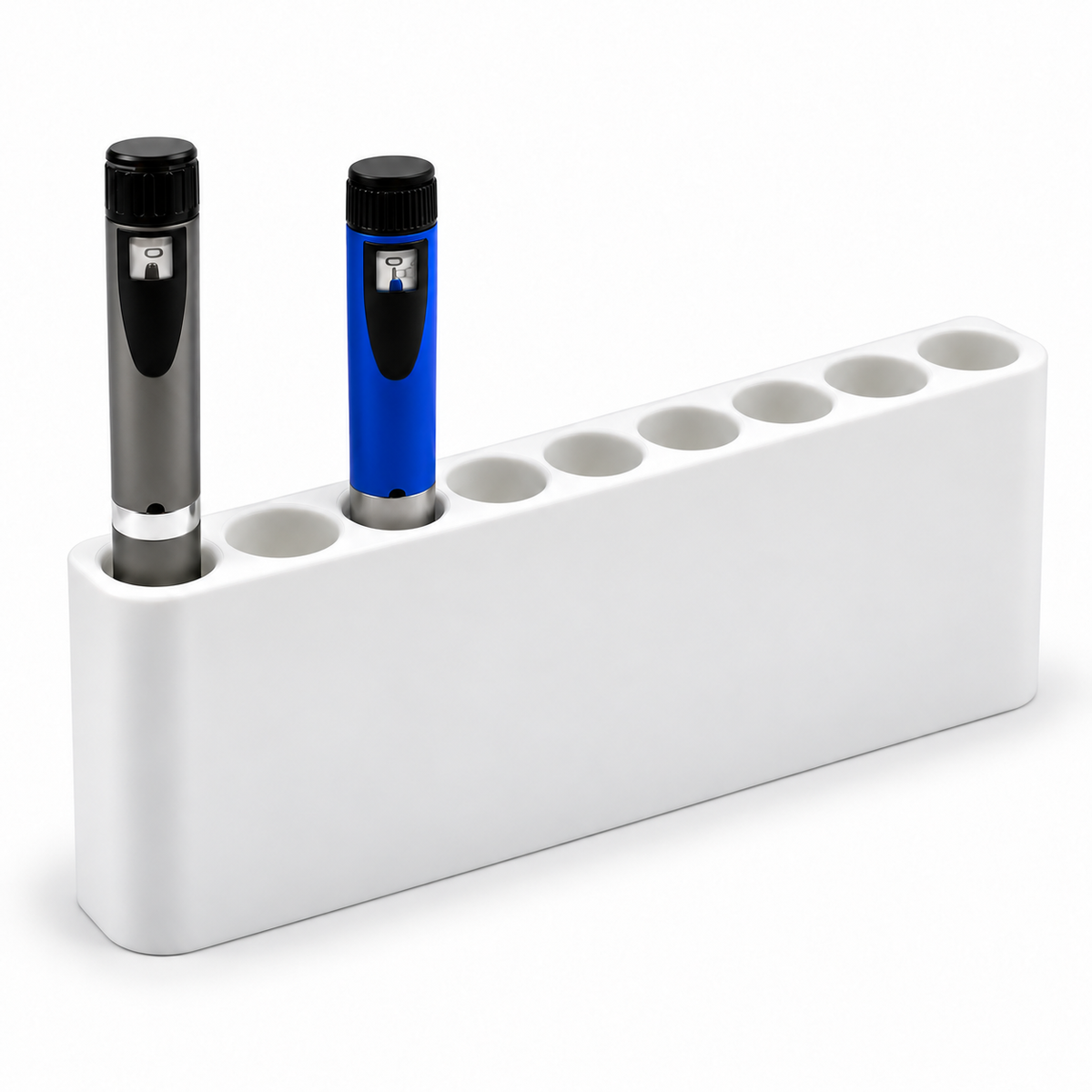 Angled eight-slot white fridge pen holder with two demonstration injection pens.