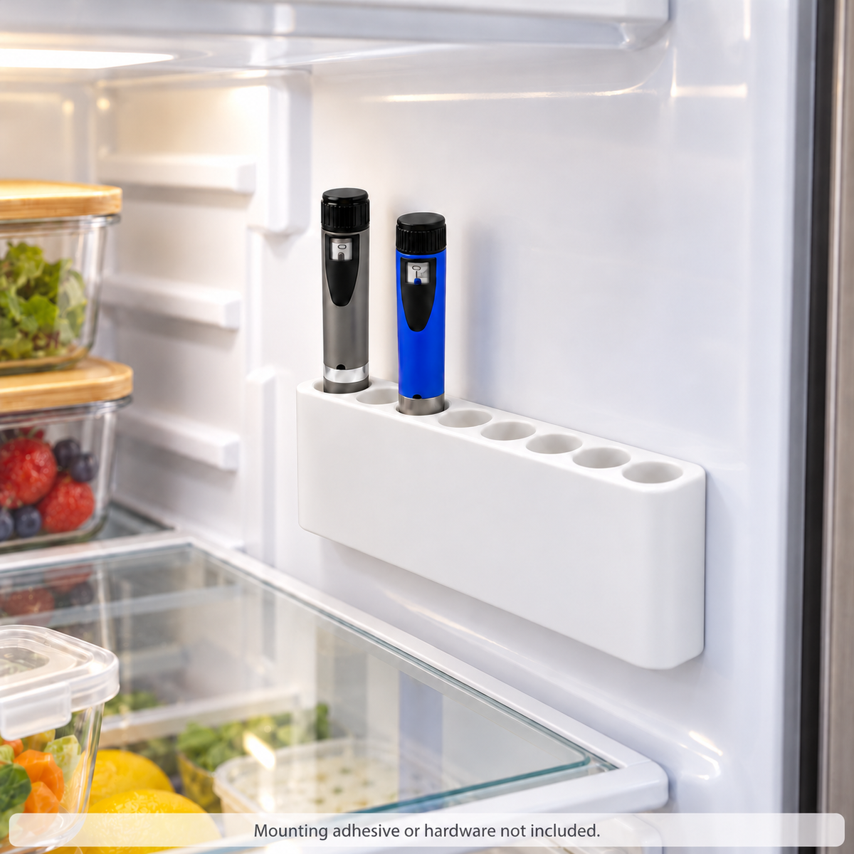 Eight-slot pen organizer mounted inside a refrigerator; mounting adhesive or hardware not included.
