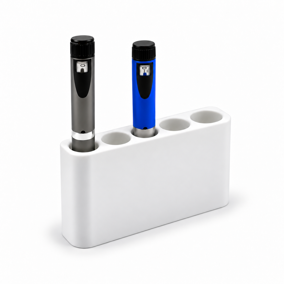 Angled five-slot white fridge pen holder with two demonstration injection pens.