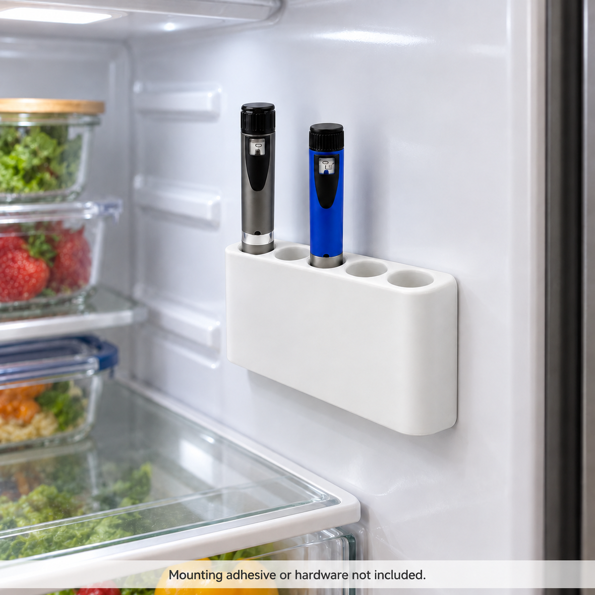 Five-slot pen organizer mounted inside a refrigerator; mounting adhesive or hardware not included.