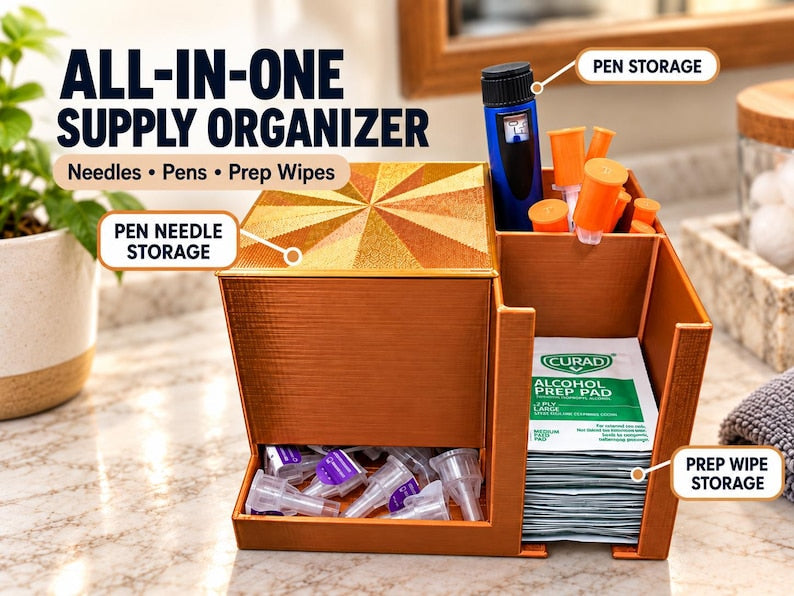 Copper insulin supply organizer holding packaged needles, an injection pen and alcohol prep pads on a countertop. Supplies not included.