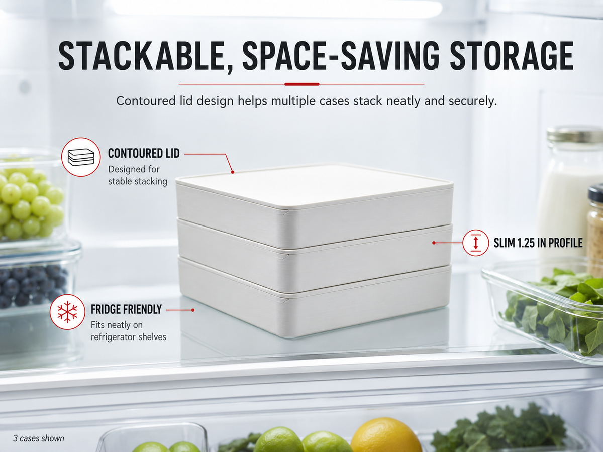 Three seven-day storage cases stacked on a refrigerator shelf to demonstrate the contoured lid and slim profile; listing includes one case.