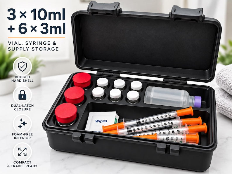 Open rugged multi-vial storage case on a light countertop, with text showing capacity for three 10ml and six 3ml vials, plus syringes and supplies.