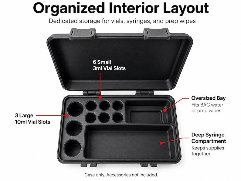 Empty black peptide organizer showing three 10ml vial slots, six 3ml vial slots, a syringe compartment and a larger supply compartment.