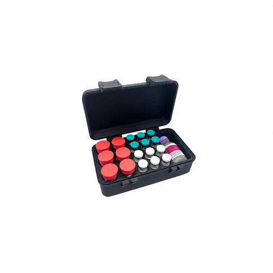 Open black mixed-size vial storage case holding six 10ml vials, twelve 3ml vials and a BAC water bottle on white. Demonstration supplies are not included.