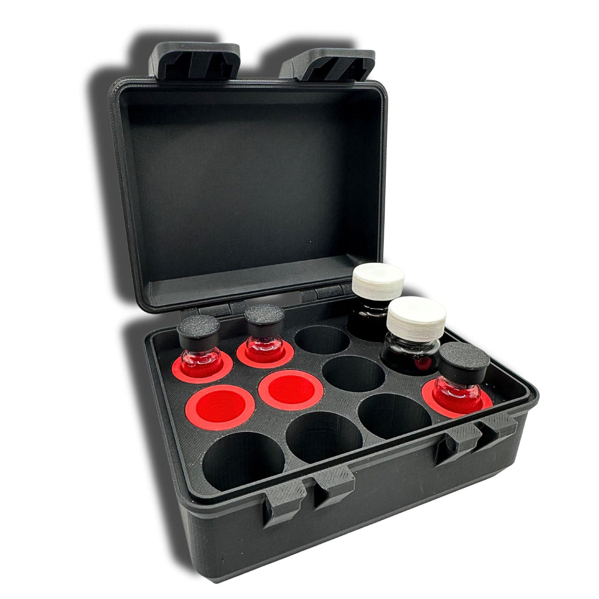 Open multi-size vial storage case with mixed vial sizes and red 3mL adapters on a white background.