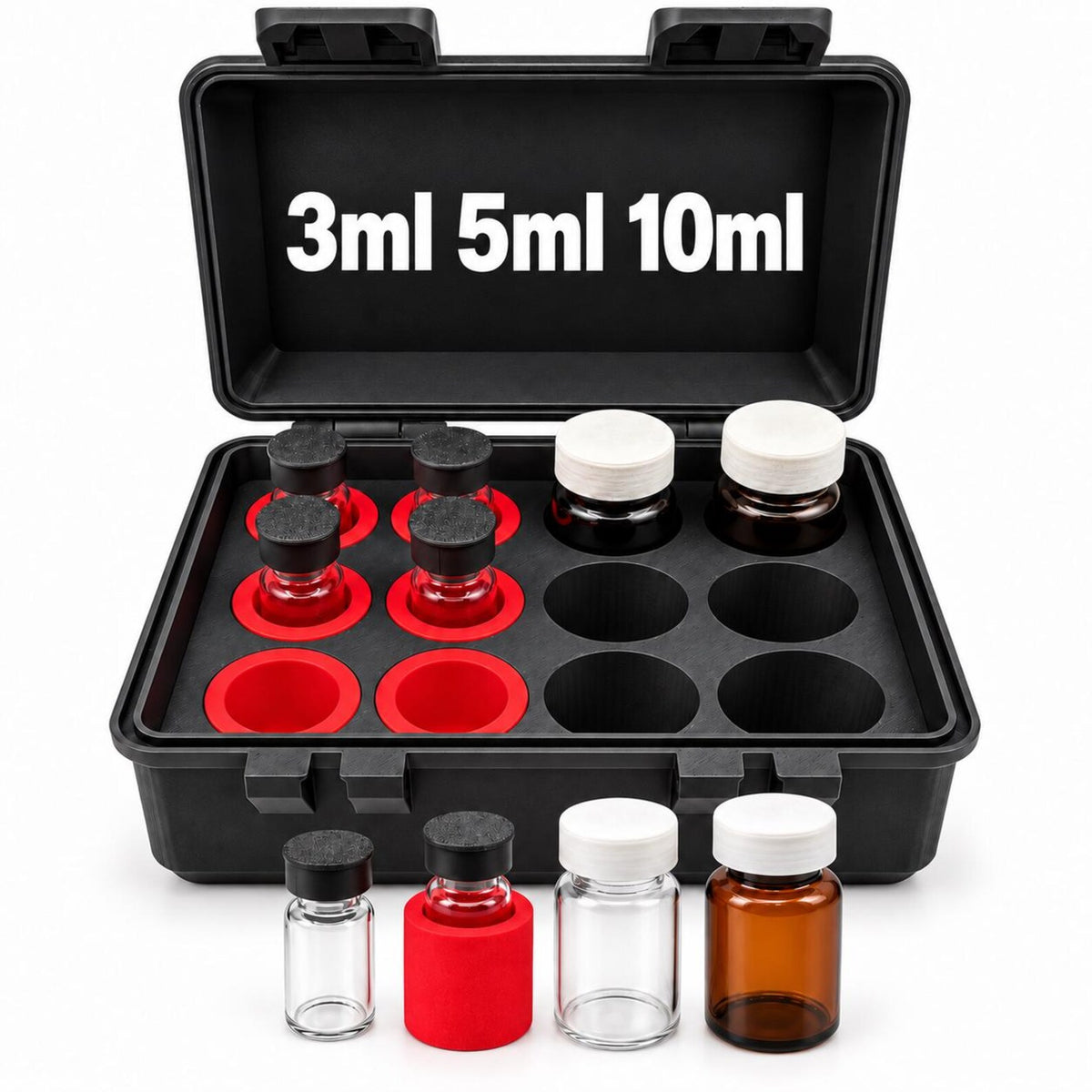 Multi-size vial case showing 3mL, 5mL and 10mL storage with modular adapters.