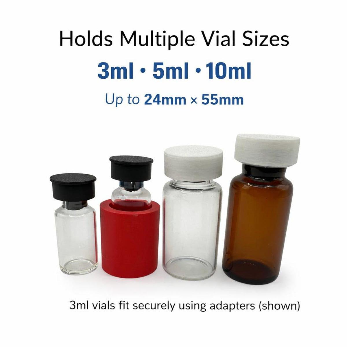 3mL vial with adapter beside 5mL and 10mL vials for size comparison.