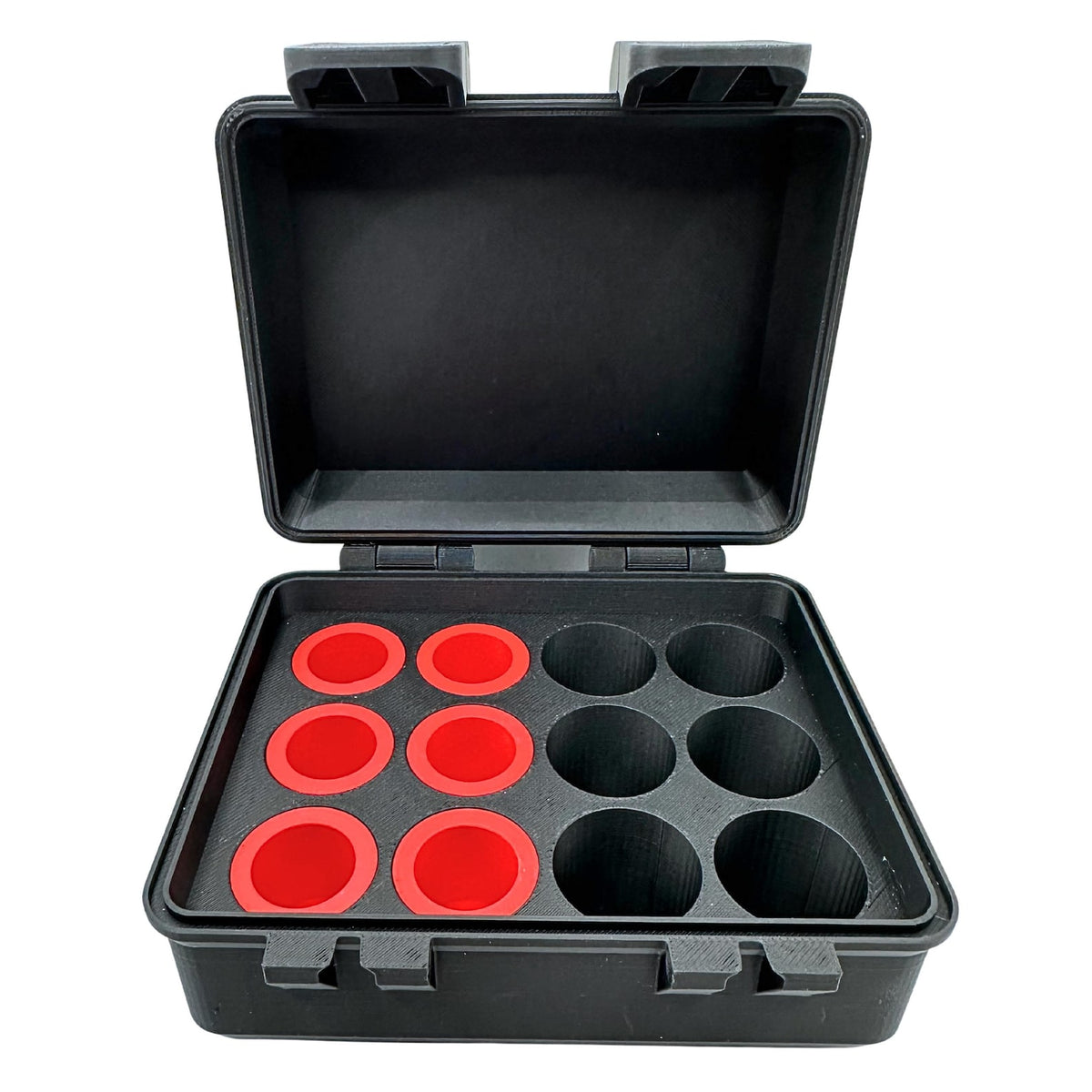 Empty multi-size vial case showing circular slots and removable 3mL adapters.