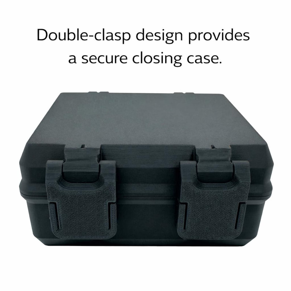 Closed vial storage case showing the lid and dual front clasps.