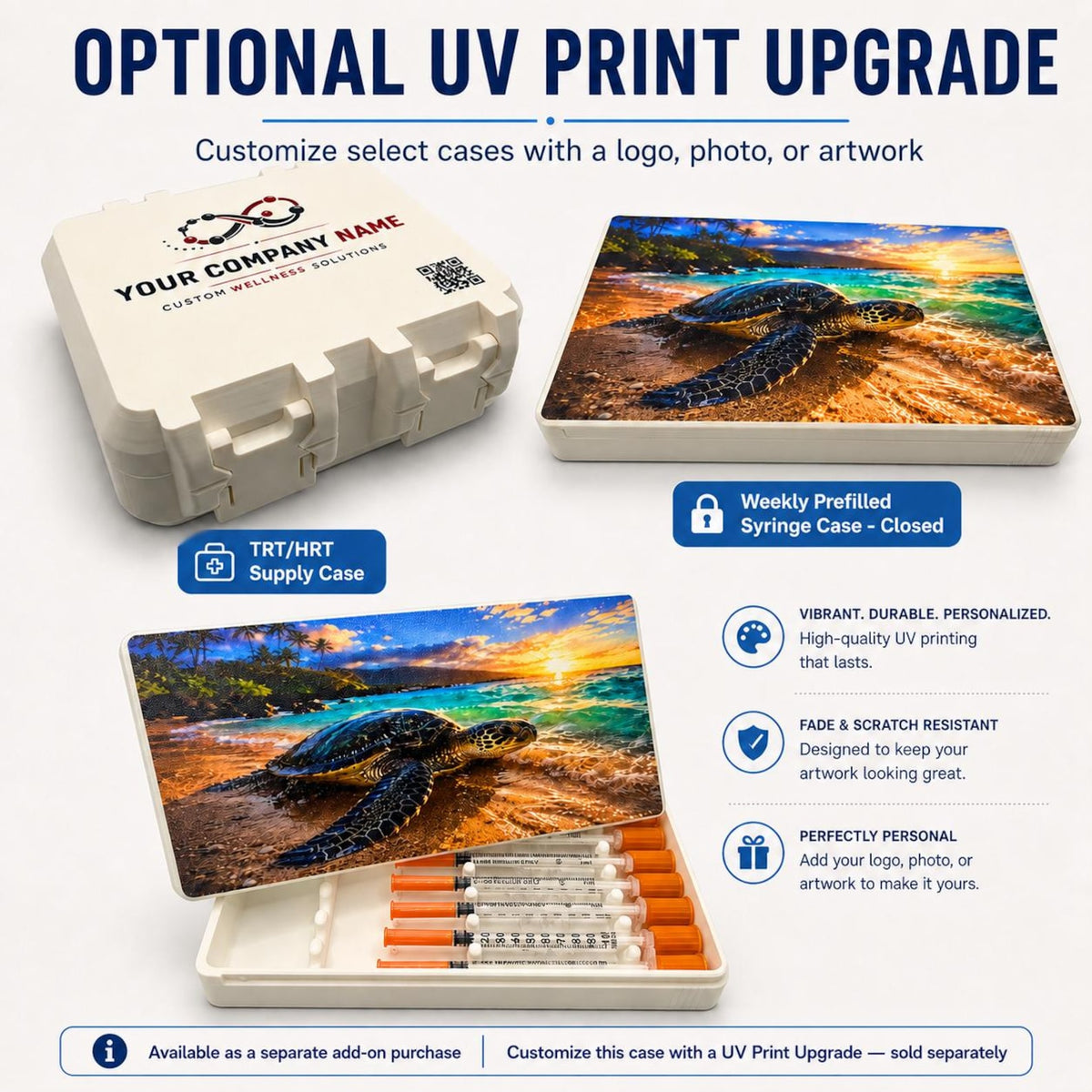 Optional UV-print upgrade examples; printing is sold separately.