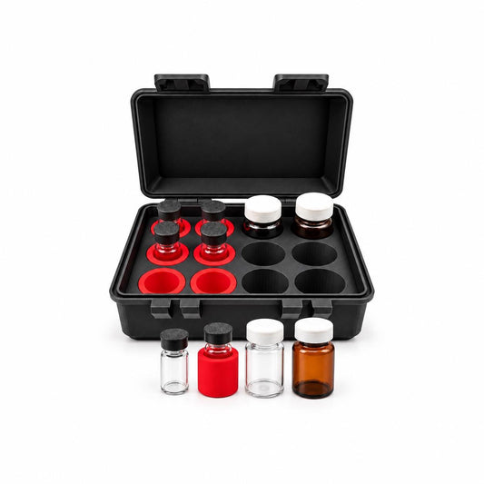 Open black 12-slot vial storage case with red adapters holding smaller vials beside larger vials. Four glass vials, including one in a red adapter, stand in front on a white background.