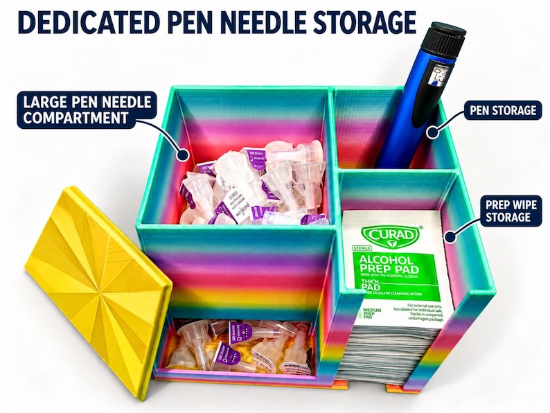 Top view of the rainbow pen needle organizer with lid removed, showing the needle storage, rear pen section and front wipe stack.