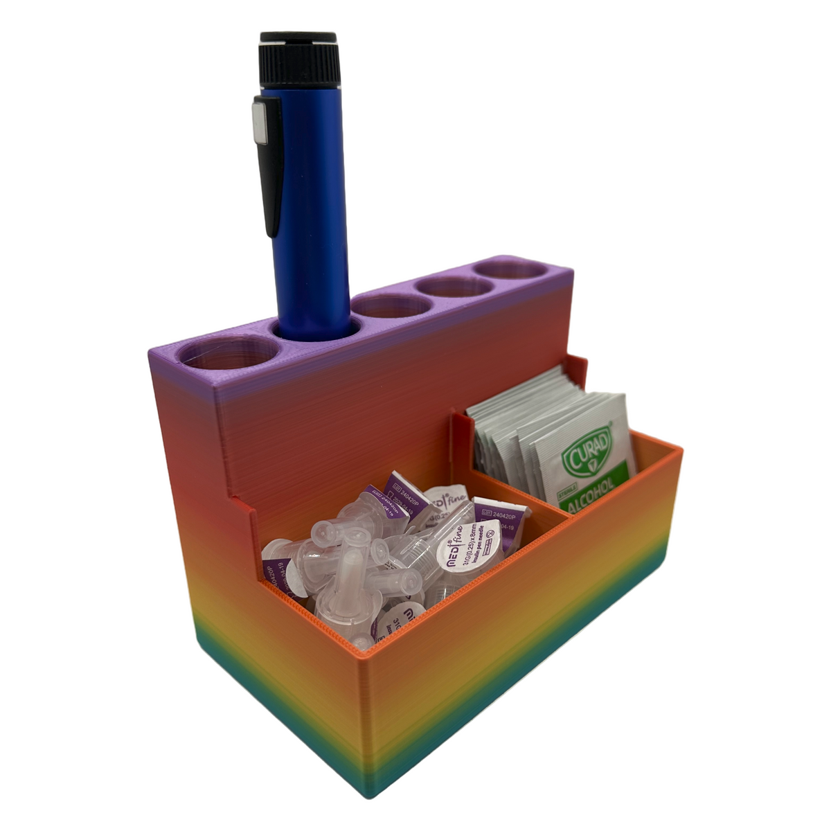 Side angle of the 3D printed peptide pen organizer, showing a pen inserted and compartments filled with alcohol pads and needle tips. Ideal for home use, travel, or daily wellness routines involving injection pens and small medical supplies.