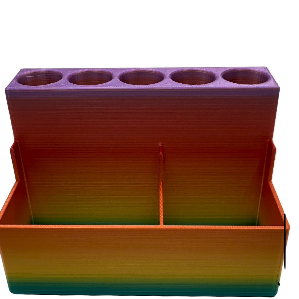 Front-facing view of the 3D printed desktop organizer with labeled overall dimensions of 5 inches wide and 3.5 inches tall. Shows empty compartments and upright pen slots—perfect for storing GLP-1, insulin pens, or peptide protocol supplies.
