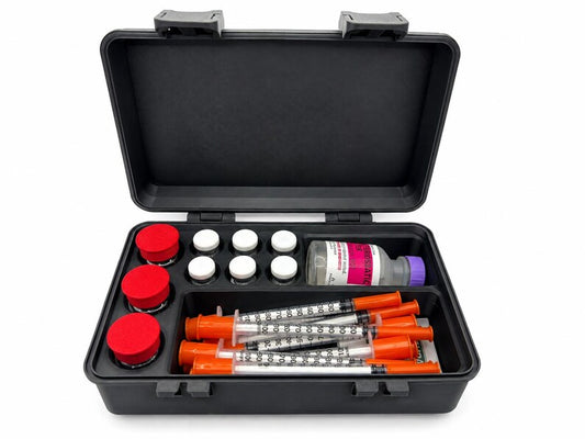 Open black vial storage case holding three red-capped 10ml vials, six white-capped 3ml vials, syringes and a larger bottle, with a hinged lid and two snap latches.