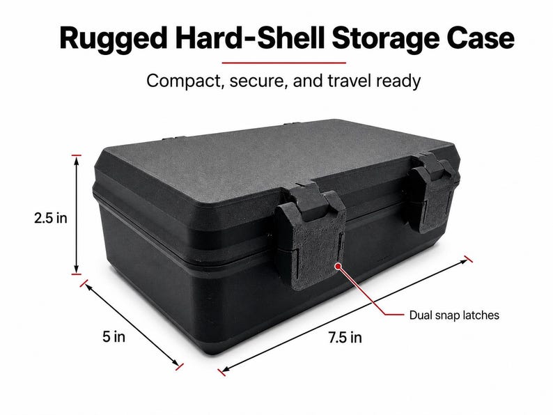 Closed black hard-shell vial storage case with two snap latches and labeled dimensions of approximately 7.5 by 5 by 2.5 inches.