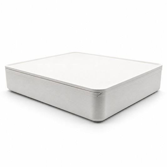 Closed white seven-day syringe and vial storage case with contoured sliding lid on a white background.