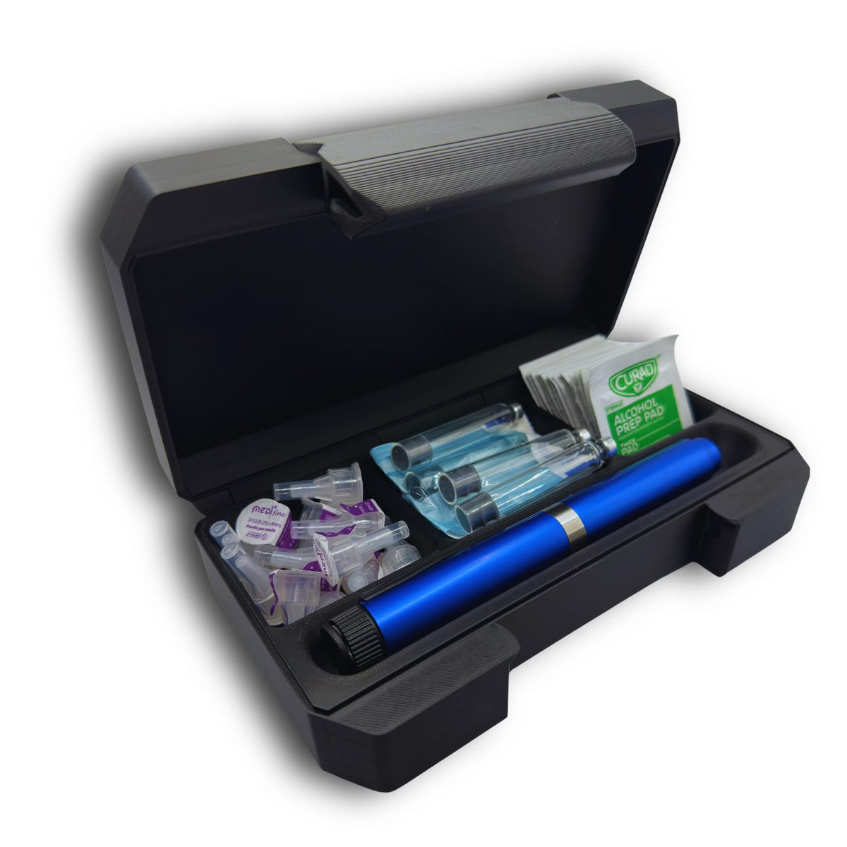 Open black injection pen travel case holding a blue pen, four packaged cartridges, pen needle tips and alcohol prep pads in separate compartments. Case only; demonstration supplies are not included.