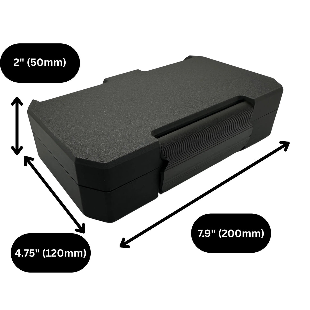 Closed black injection pen travel case with dimension arrows: 200mm long, 120mm wide and 50mm high, approximately 7.9 × 4.75 × 2 inches. The front latch and hinged lid are visible.