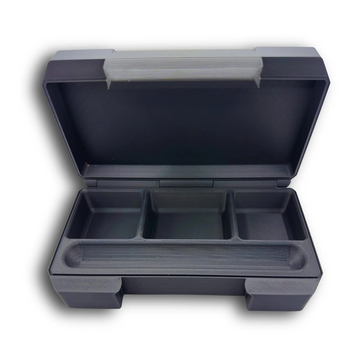 Empty black injection pen organizer case with its hinged lid open. A long pen recess and three separate supply compartments show the layout for cartridges, pen needle tips and alcohol prep pads.
