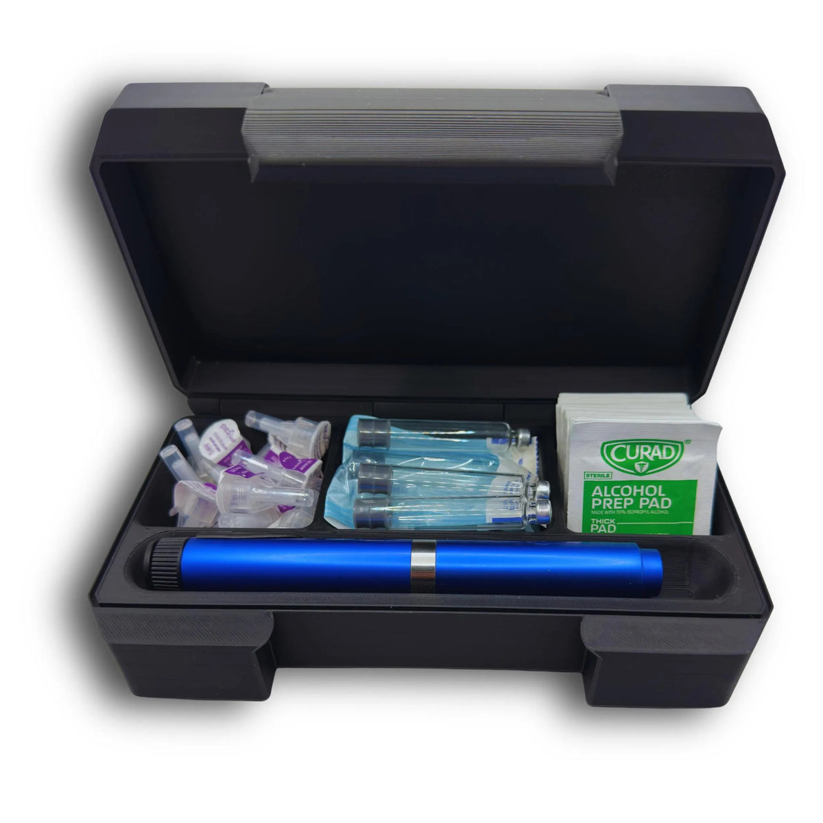 Front view of an open black injection pen case with a blue pen, packaged cartridges, pen needle tips and alcohol wipes arranged in dedicated compartments. Case only; supplies excluded.