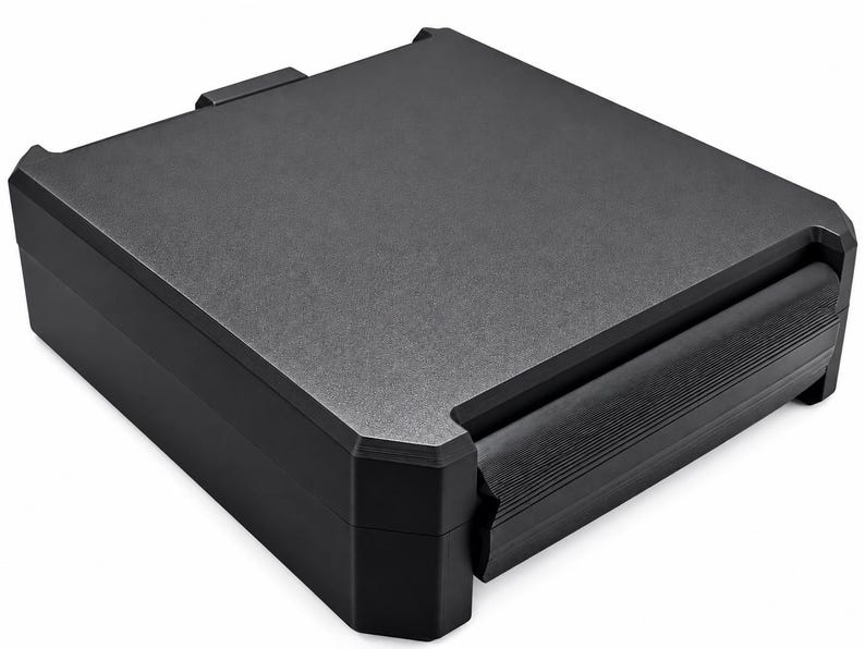 Closed black 10ml vial storage case on white, showing the square lid, reinforced corners and front closure.