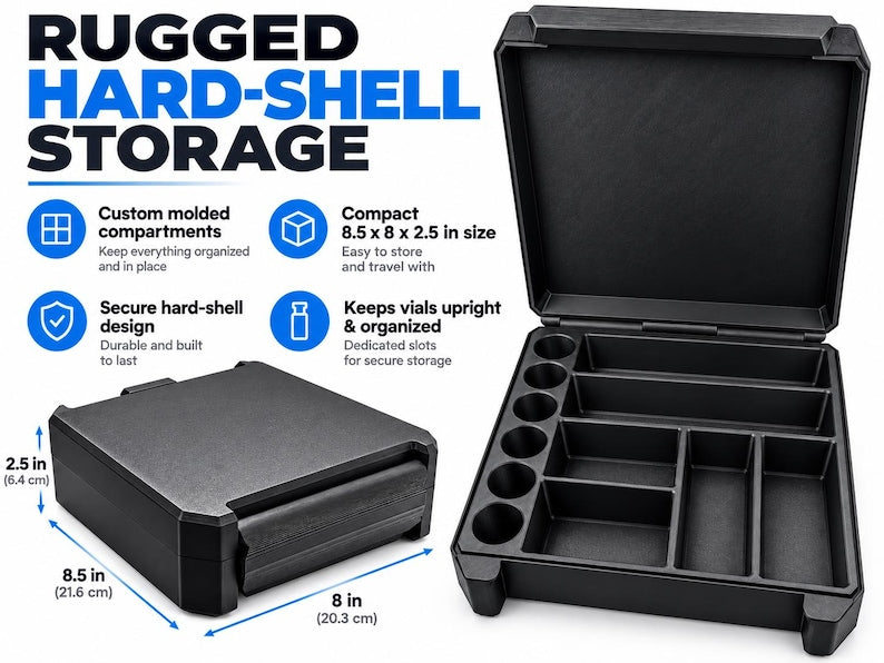 Black vial storage case shown open and closed, with empty compartments and dimensions of 8.5 by 8 by 2.5 inches.