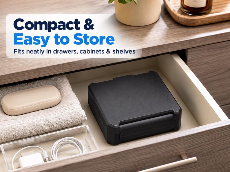 Closed black vial organizer stored in a drawer beside folded towels; graphic highlights compact storage in drawers, cabinets and shelves.