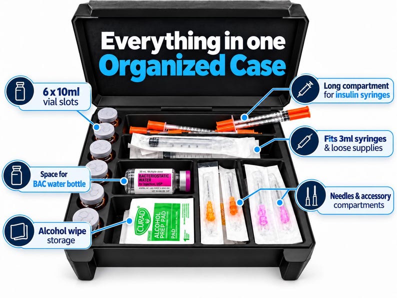 Labeled overview of the black vial case showing six vial positions and separate syringe, BAC water, alcohol pad and needle compartments.