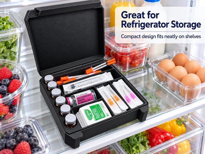 Open black vial and syringe organizer on a refrigerator shelf; graphic shows its compact storage footprint.