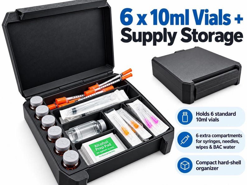 Black six-slot 10ml vial storage case with an open, loaded interior and a closed-case inset; graphic highlights vial and supply storage.