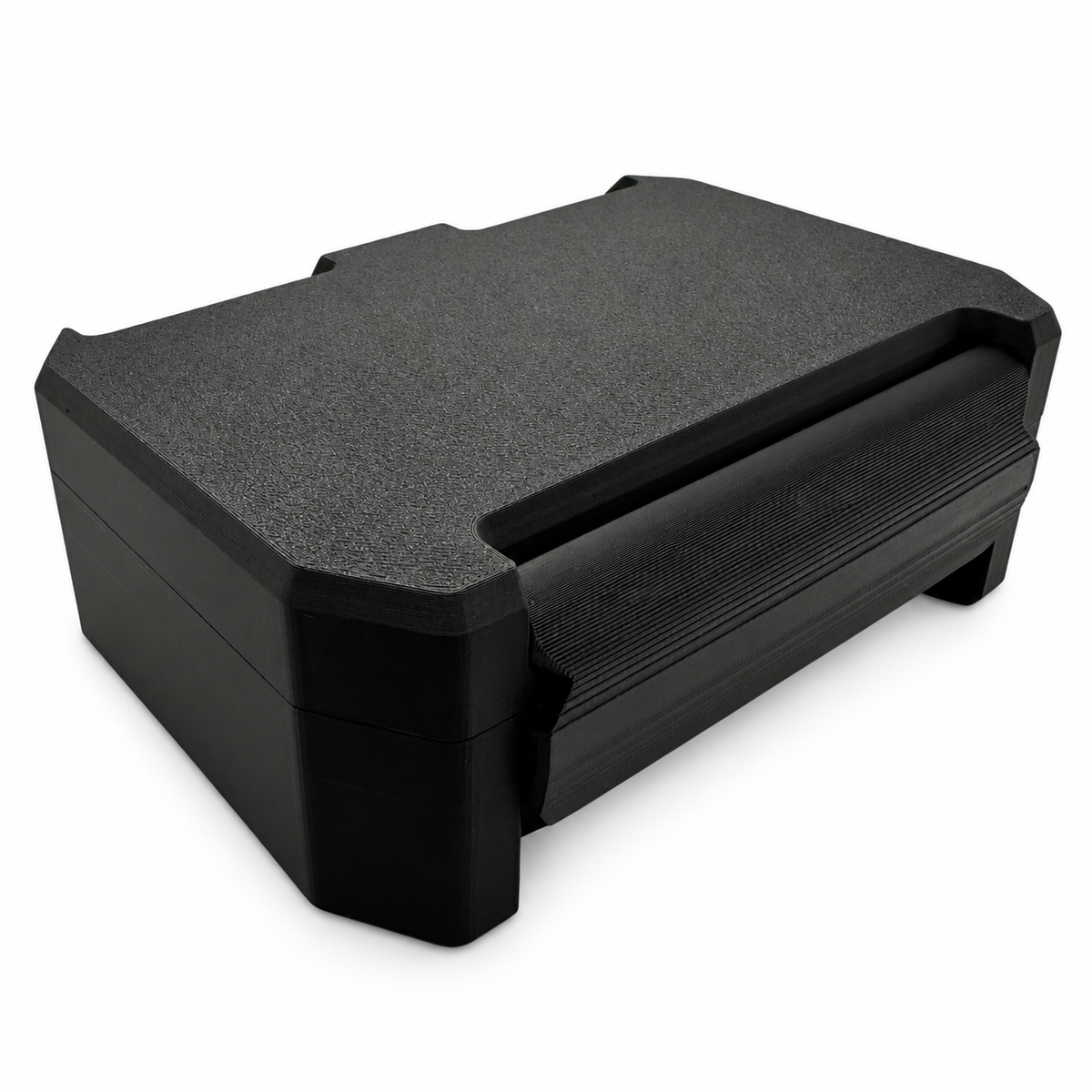 Closed black six-vial accessory storage case on a white background.