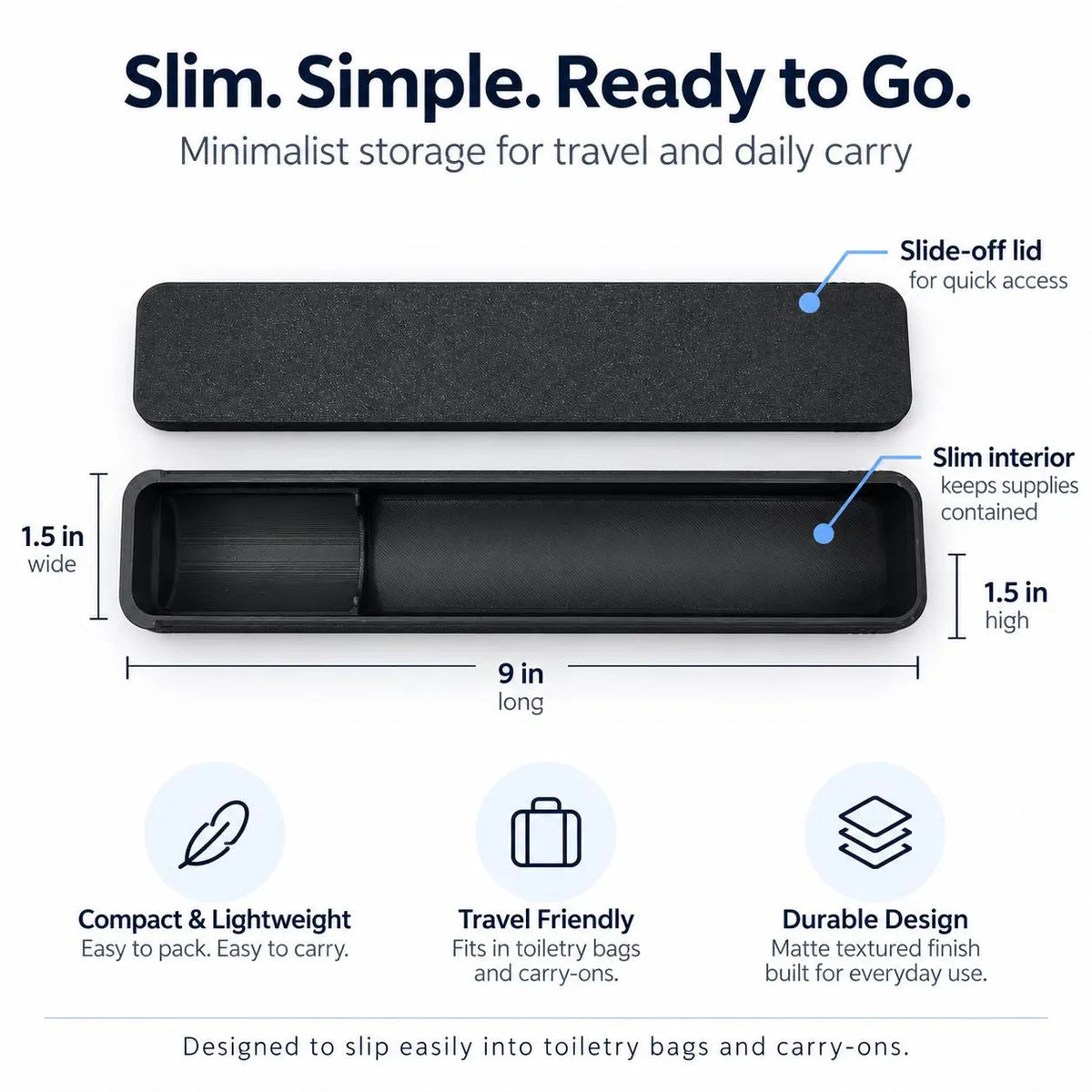 Empty slim TRT case with its separate slide-off lid and an overlay describing its compact travel layout.