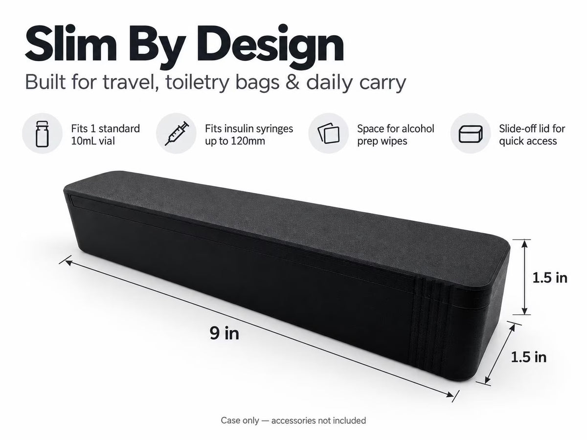 Closed black slim TRT case with a size overlay showing its narrow profile and 9-inch length.