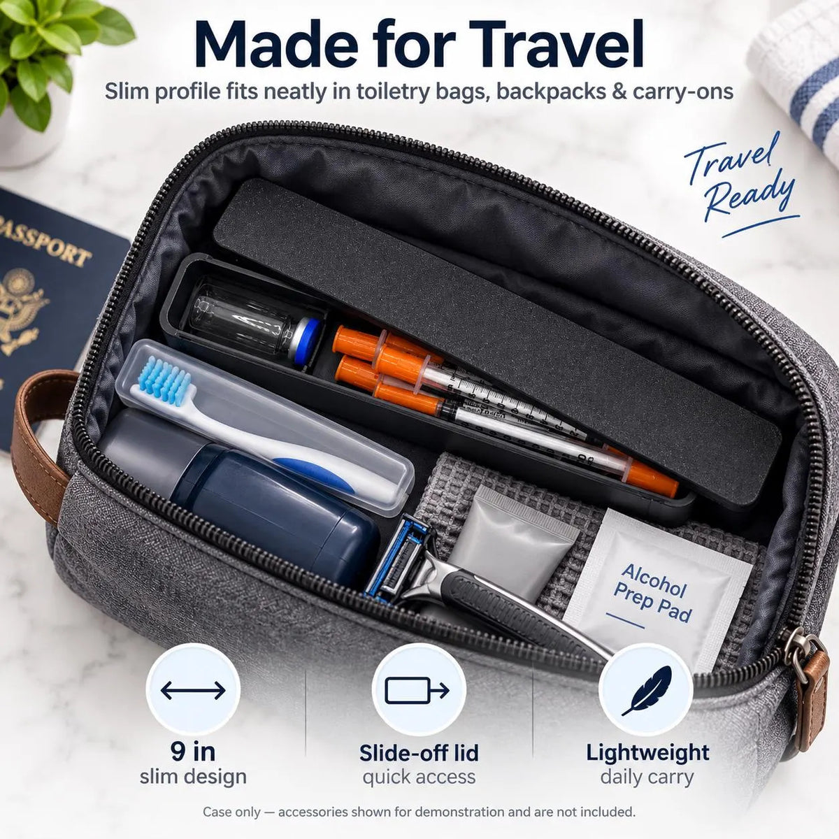 Slim vial and syringe case packed inside a toiletry bag beside grooming supplies, showing its slide-off lid and travel fit.