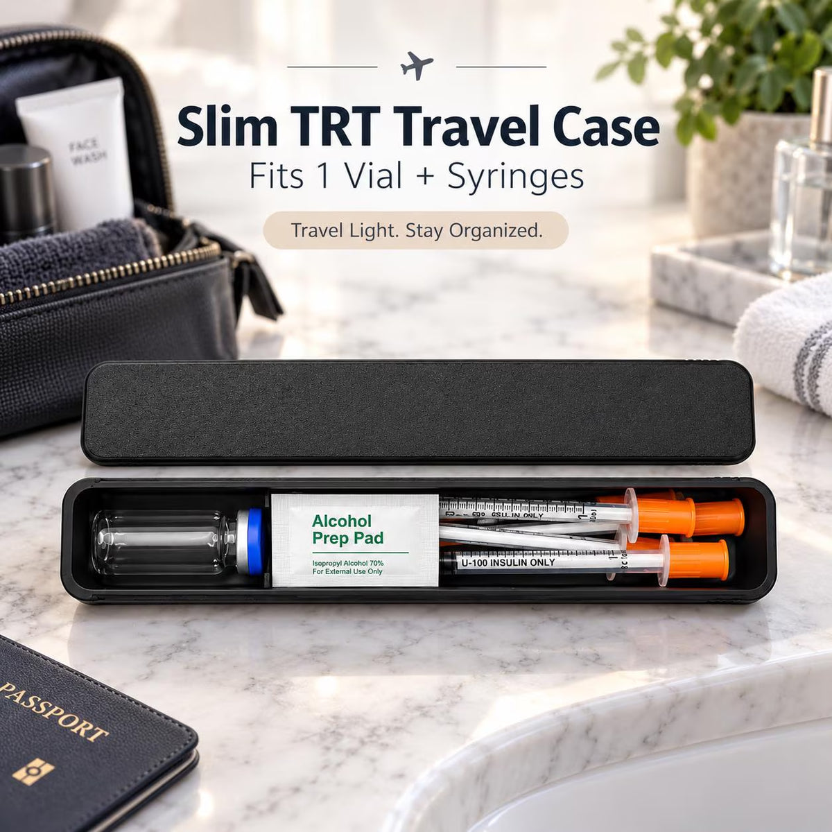 Open slim vial and syringe case on a bathroom counter beside a toiletry bag and passport, with a travel-use headline.