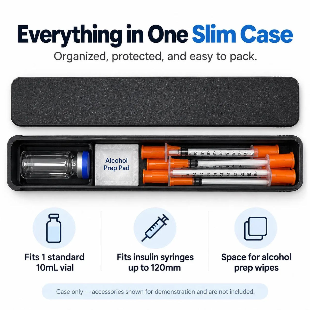 Open black travel case with a vial, prep packet and syringes, with callouts identifying the storage areas.