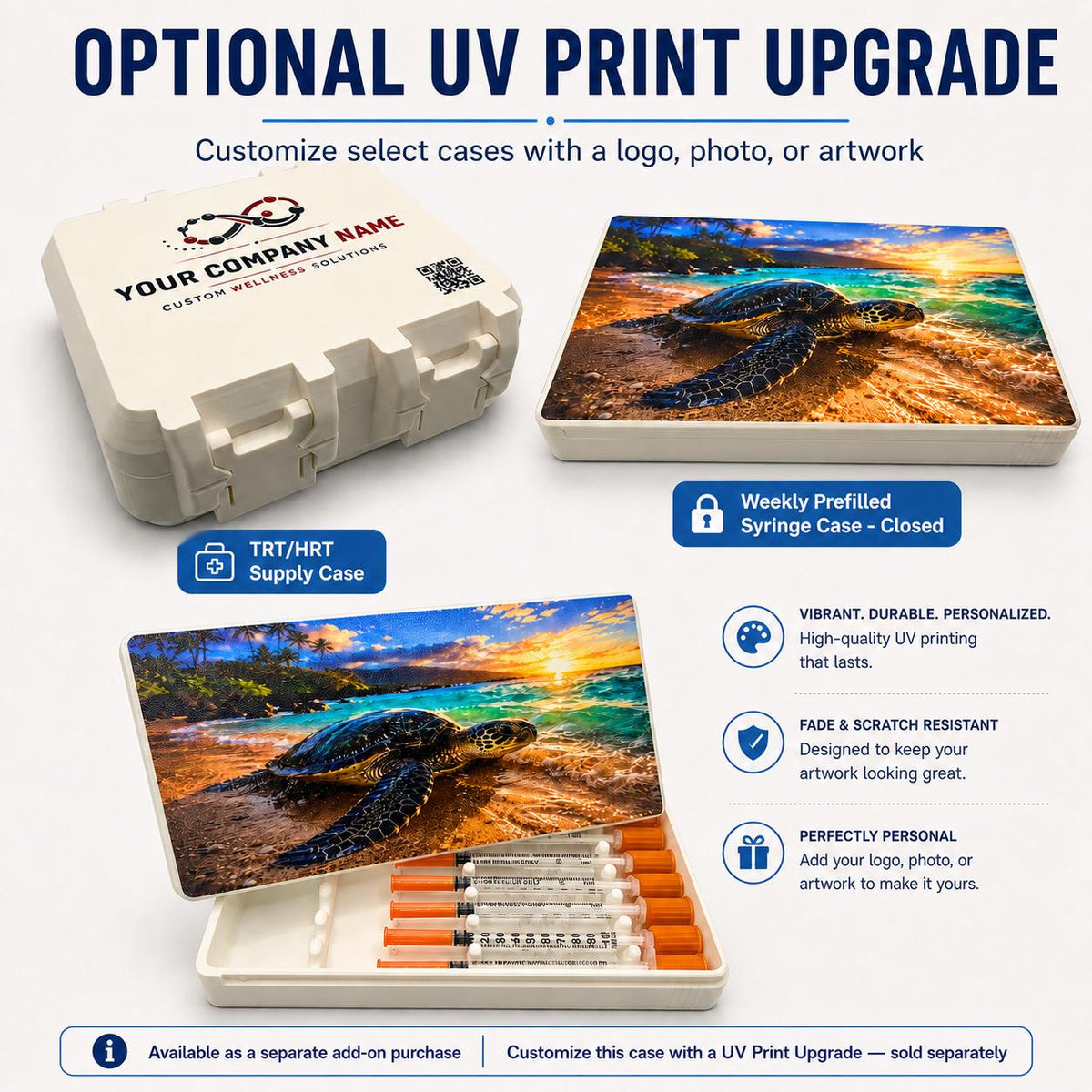 Optional UV print upgrade graphic with custom logo and photo examples on case lids, available as a separate paid add-on.