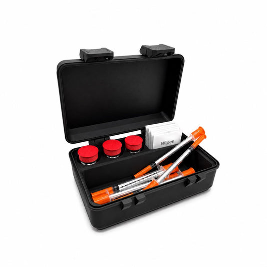 Open black three-vial storage case on a white background, showing three red-capped 10ml vials, syringes, prep wipes, a hinged lid, and two snap latches.
