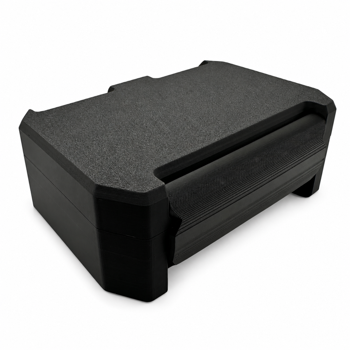 Closed black three-10mL vial storage case on a white background.