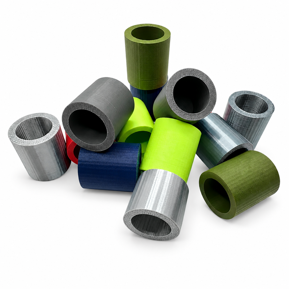 Empty cylindrical 3mL vial adapters in assorted colors on a white background.