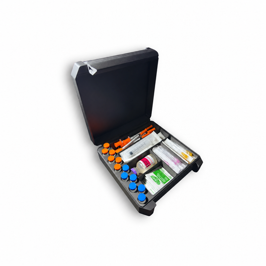 Open black twelve-slot 3ml vial storage case shown at an angle on white, with small demonstration vials, syringes, packaged needles, prep pads and a larger BAC water vial.