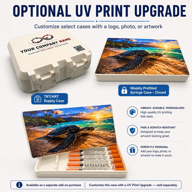 Optional UV printing upgrade graphic showing personalized storage cases with example artwork; upgrade sold separately.