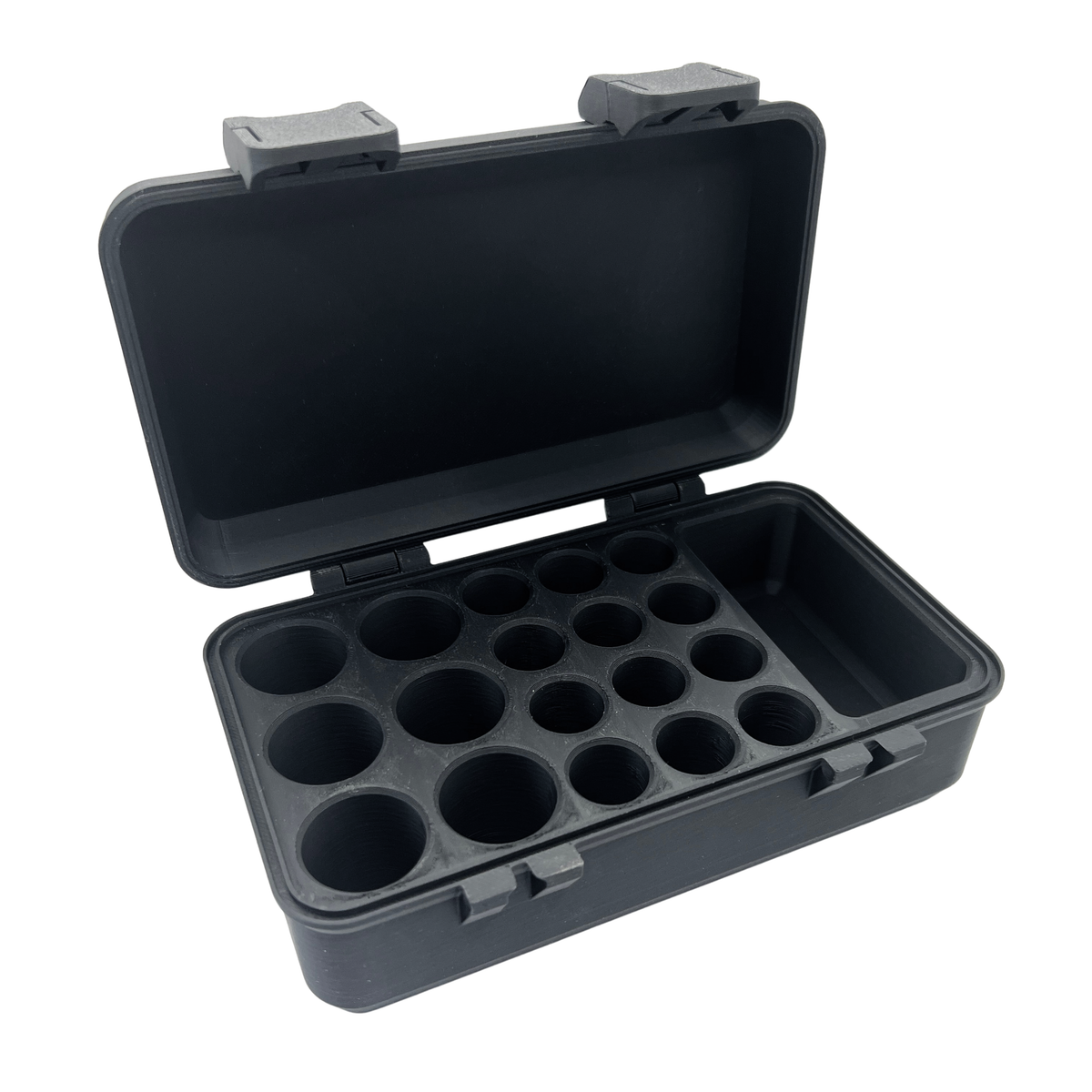 Empty vial storage case interior showing nineteen precision-fit slots for six 10ml vials, twelve 3ml vials, and a 30ml bacteriostatic water bottle
