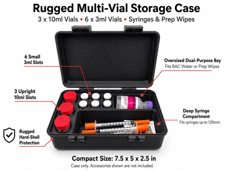 Open vial organizer with labeled compartments for three 10ml vials, six 3ml vials, syringes up to 120mm long and an oversized supply compartment.