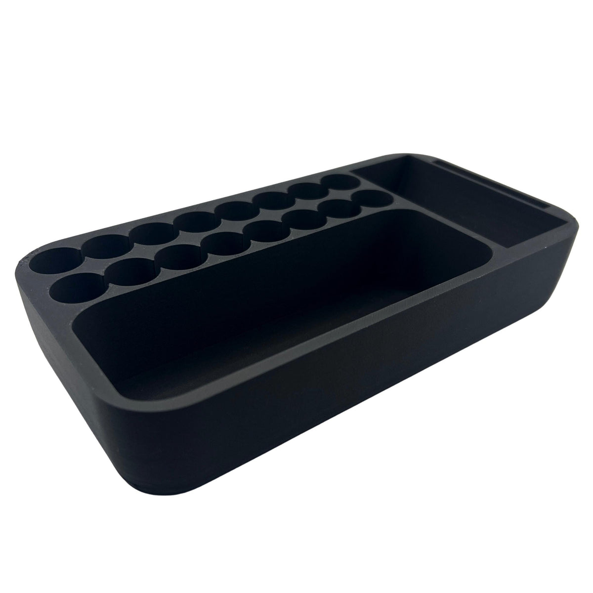 3D printed vial holder insert designed to fit the YETI GoBox 1, featuring 16 individual 3ml vial slots that keep glass vials upright and protected, a long open trough for syringes and injection pens, and a separate compartment sized for a 30ml bacteriostatic water bottle. Precision-fit drop-in vial storage organizer made in the USA from premium PLA. Customer's choice of insert color — photo shows one available color option.