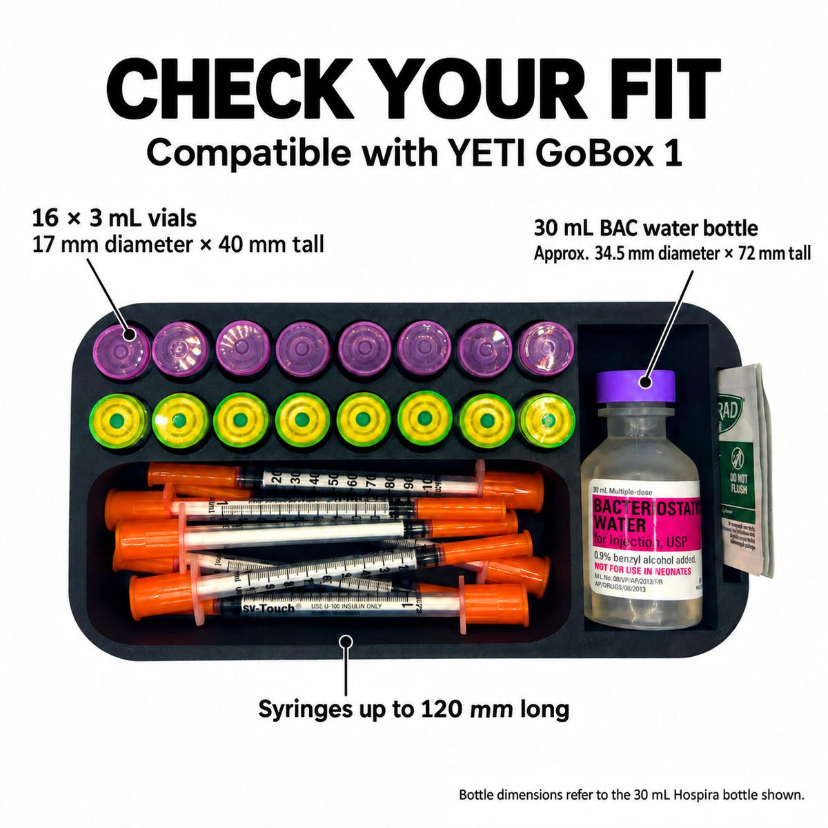 Fit guide for a black organizer insert compatible with YETI GoBox 1: 16 3 mL vials, 17 mm diameter by 40 mm tall; syringes up to 120 mm long; and the shown 30 mL Hospira BAC water bottle, approximately 34.5 mm diameter by 72 mm tall.