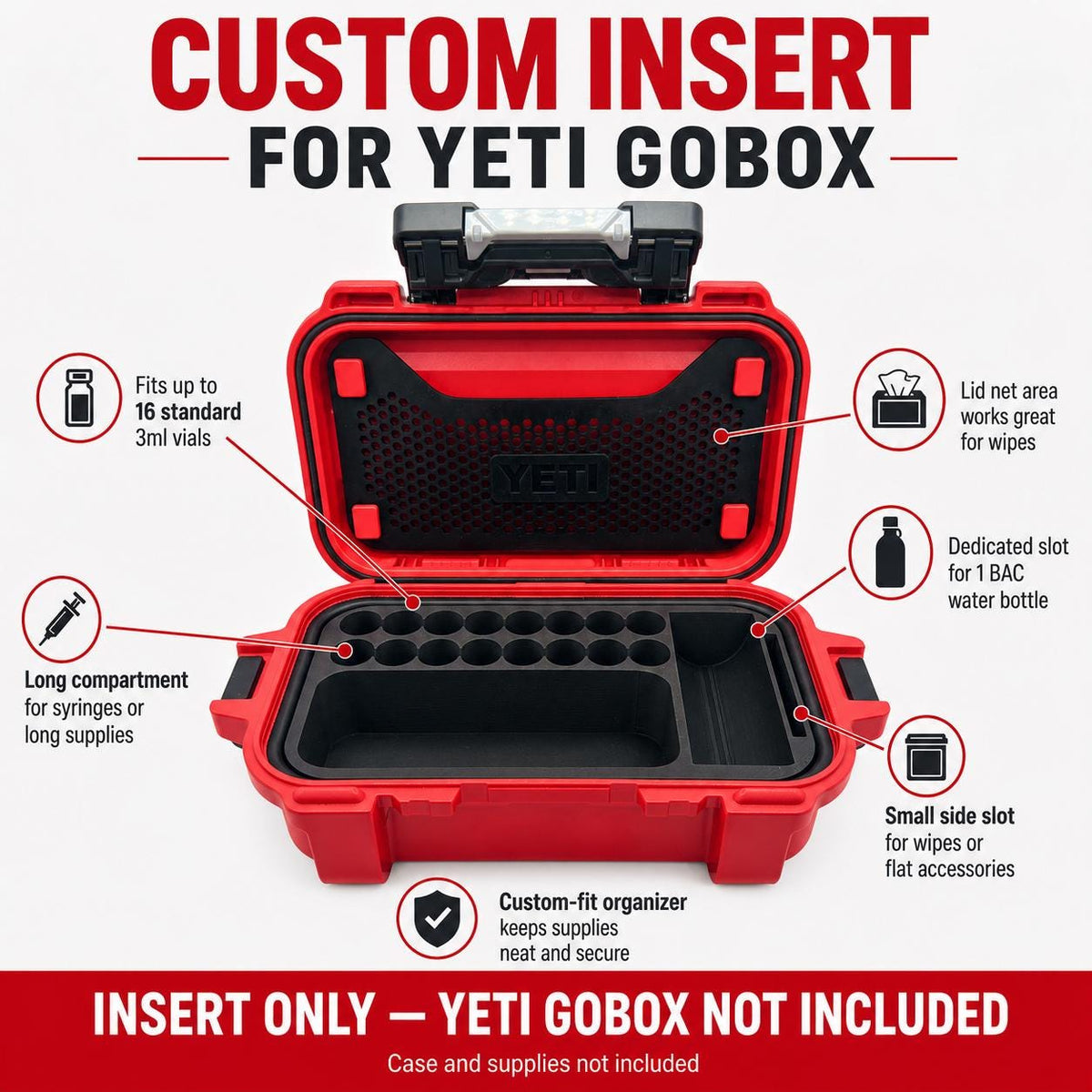 Open red YETI GoBox 1 with an empty black organizer insert. Labeled compartments hold 16 standard 3ml vials, syringes, a 30ml bottle, and prep supplies. Insert only; case and supplies are not included.