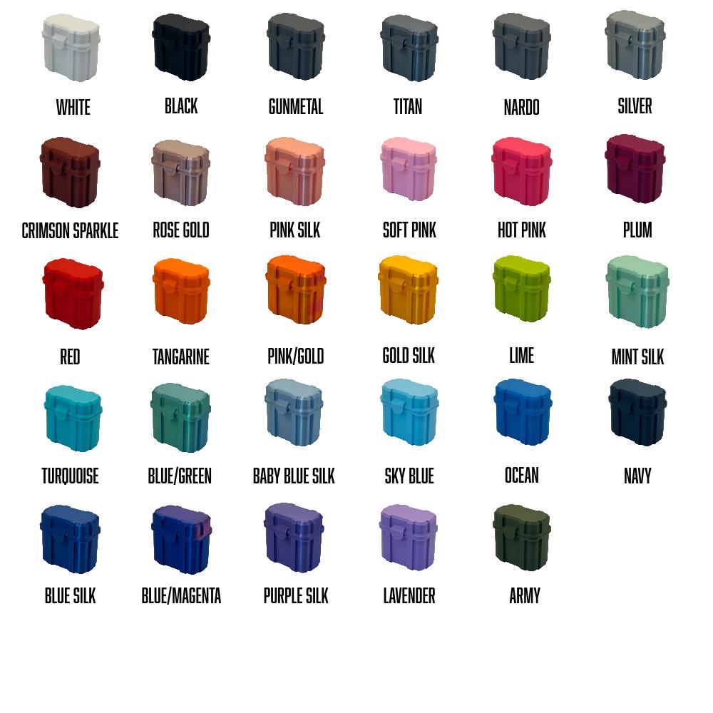 May include: A grid of thirty small rectangular storage containers with hinged lids, displayed in various solid colors including white, black, metallic tones, pinks, reds, oranges, yellows, greens, blues, and purples, each labeled with its specific color name.